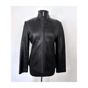 Siena G-III Black Leather Jacket Women Small Stand Collar Moto Edgy Classic Chic